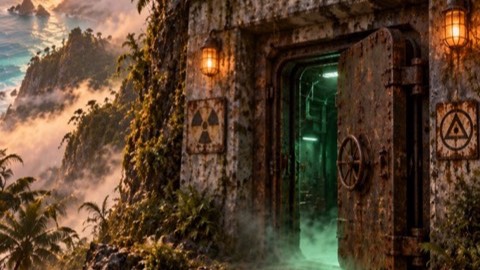 A rusty bunker door in the mountain with green light behind it