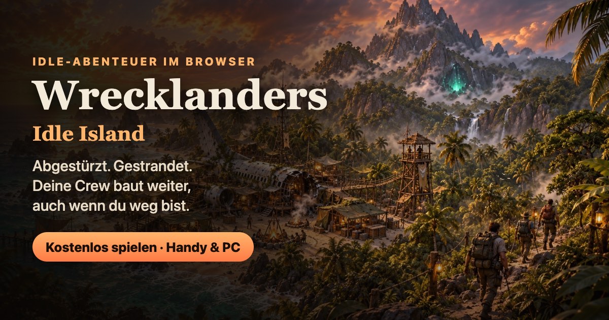 Wrecklanders: Idle Island key art – a village built from a crashed plane on a jungle island